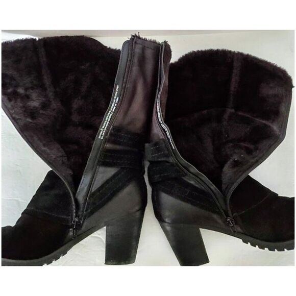 Baretraps Black Faux Fur Lined Suede/Leather Mid-Calf Block Heel Boot Sz 8 Moto - Picture 2 of 11